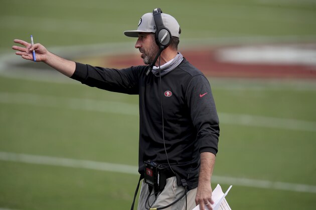San Francisco 49ers head coach Kyle Shanahan talks to a referee during an NFL football game against the Arizona Cardinals on Sunday, Sept. 13, 2020, in Santa Clara, Calif. (AP Photo/Scot Tucker)