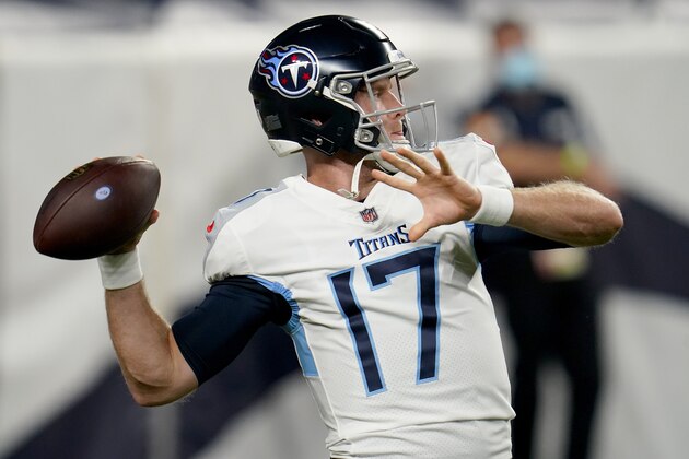 Tennessee Titans quarterback Ryan Tannehill (17) warms up prior to an NFL football game against the Denver Broncos, Monday, Sept. 14, 2020, in Denver. (AP Photo/David Zalubowski)
