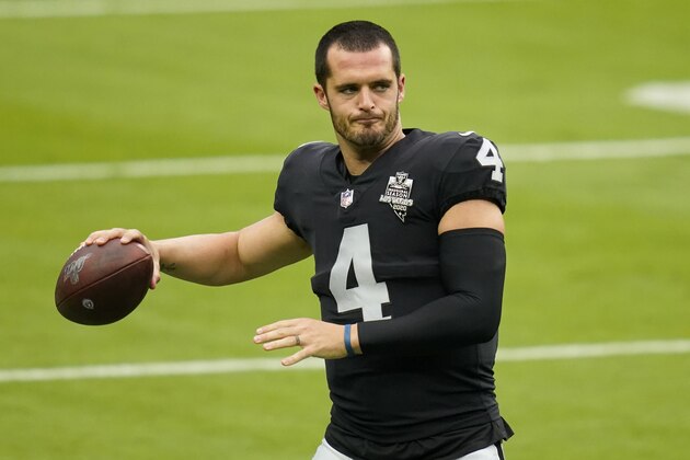 Las Vegas Raiders quarterback Derek Carr (4) throws a pass during an NFL football training camp practice Friday, Aug. 28, 2020, in Las Vegas. (AP Photo/John Locher)