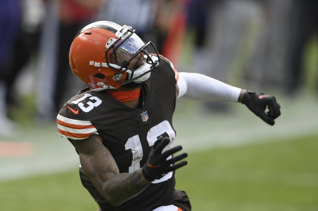 Cleveland Browns wide receiver Odell Beckham Jr. (13) looks for the pass during an NFL football game against the Baltimore Ravens, Sunday, Sept. 13, 2020, in Baltimore. (AP Photo/Nick Wass)