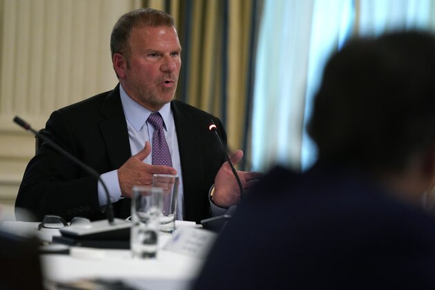 Tilman Fertitta, chairman and CEO of Landry's Inc., speaks during a meeting with restaurant industry executives about the coronavirus response, in the State Dining Room of the White House, Monday, May 18, 2020, in Washington. (AP Photo/Evan Vucci)