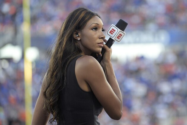 ESPN's Maria Taylor works from the sideline during the first half of an NCAA college football game between Miami and Florida Saturday, Aug. 24, 2019, in Orlando, Fla. (AP Photo/Phelan M. Ebenhack) ESPN's Maria Taylor works from the sideline during the first half of an NCAA college football game between Miami and Florida Saturday, Aug. 24, 2019, in Orlando, Fla. (AP Photo/Phelan M. Ebenhack)