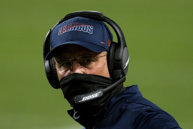 Denver Broncos head coach Vic Fangio looks on from the sidelines against the Tennessee Titans during the first half of an NFL football game, Monday, Sept.. 14, 2020, in Denver. (AP Photo/Justin Edmonds)