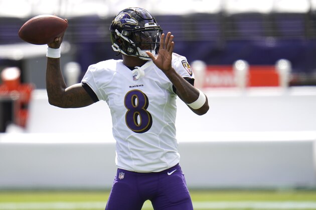 Baltimore Ravens quarterback Lamar Jackson works out prior to an NFL football game against the Cleveland Browns, Sunday, Sept. 13, 2020, in Baltimore. (AP Photo/Julio Cortez)
