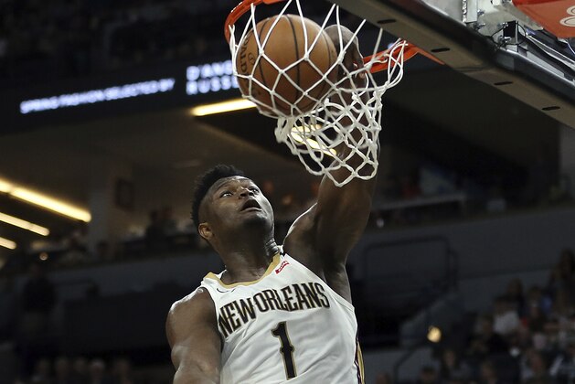 New Orleans Pelicans' Zion Williamson dunks in the second half of an NBA basketball game against the Minnesota Timberwolves, Sunday, March 8, 2020, in Minneapolis. (AP Photo/Stacy Bengs)