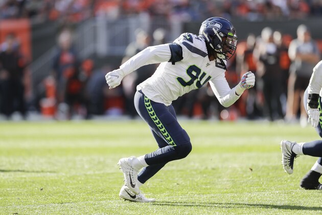 Seattle Seahawks defensive end Ezekiel Ansah plays against the Cleveland Browns during the second half of an NFL football game, Sunday, Oct. 13, 2019, in Cleveland. (AP Photo/Ron Schwane)