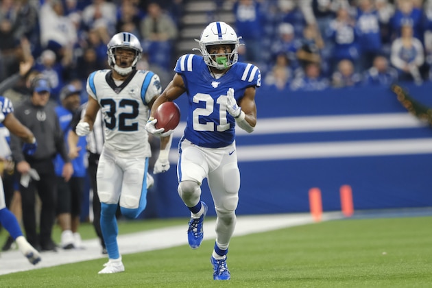 Indianapolis Colts running back Nyheim Hines (21) runs back a punt for a touchdown during the second half of an NFL football game against the Carolina Panthers, Sunday, Dec. 22, 2019, in Indianapolis. (AP Photo/AJ Mast)