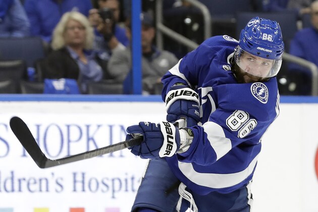 Tampa Bay Lightning right wing Nikita Kucherov follows through on his goal against the Arizona Coyotes during the second period of an NHL hockey game Thursday, Jan. 9, 2020, in Tampa, Fla. (AP Photo/Chris O'Meara)