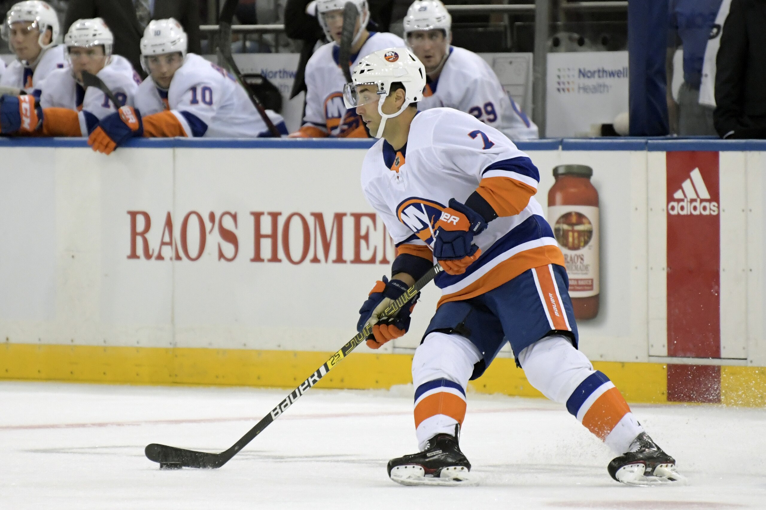 New York Islanders right wing Jordan Eberle (7) skates with the puck during the first period of an NHL preseason hockey game against the New York Rangers Tuesday, Sept. 24, 2019, at Madison Square Garden in New York. The Rangers won 3-1.(AP Photo/ Bill Kostroun) New York Islanders right wing Jordan Eberle (7) skates with the puck during the first period of an NHL preseason hockey game against the New York Rangers Tuesday, Sept. 24, 2019, at Madison Square Garden in New York. The Rangers won 3-1.(AP Photo/ Bill Kostroun)