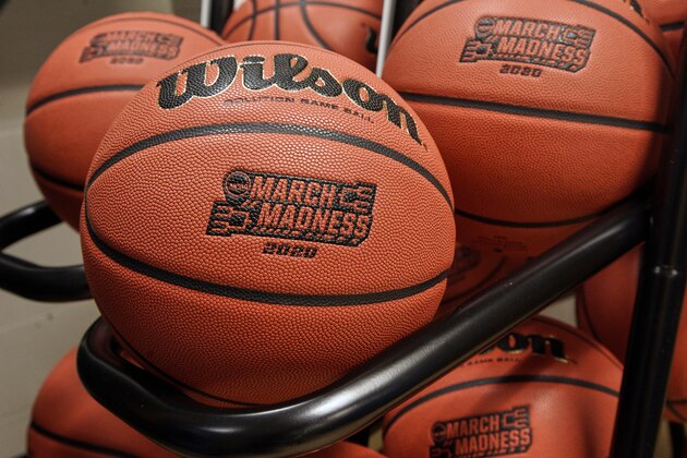 Official March Madness 2020 tournament basketballs are seen in a store room at the CHI Health Center Arena, in Omaha, Neb., Monday, March 16, 2020. Omaha was to host a first and second round in the NCAA college basketball Division I tournament, which was cancelled due to the coronavirus pandemic. (AP Photo/Nati Harnik)
