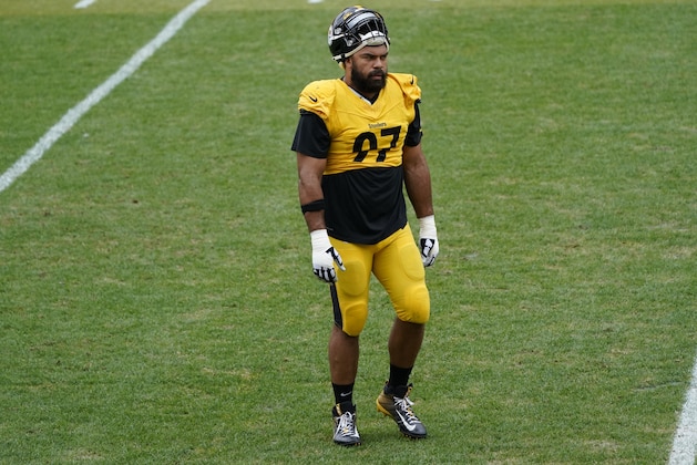 Pittsburgh Steelers defensive tackle Cameron Heyward (97) during an NFL football training camp practice, Monday, Aug. 31, 2020, in Pittsburgh. (AP Photo/Keith Srakocic)