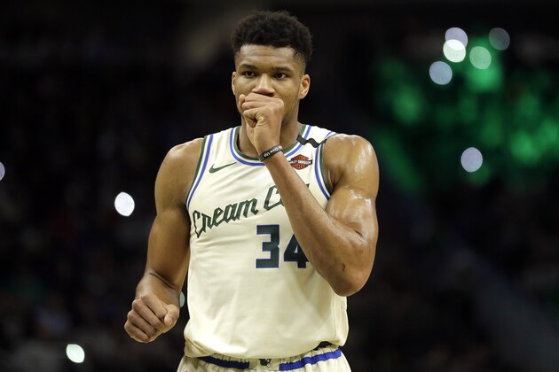 Milwaukee Bucks' Giannis Antetokounmpo during the second half of an NBA basketball game against the Chicago Bulls Monday, Jan. 20, 2020, in Milwaukee. (AP Photo/Aaron Gash)