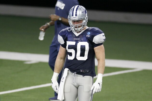 Dallas Cowboys linebacker Sean Lee (50) walks back to the line of scrimmage during an NFL football training camp in Frisco, Texas, Sunday, Sept. 23, 2020. (AP Photo/Michael Ainsworth)
