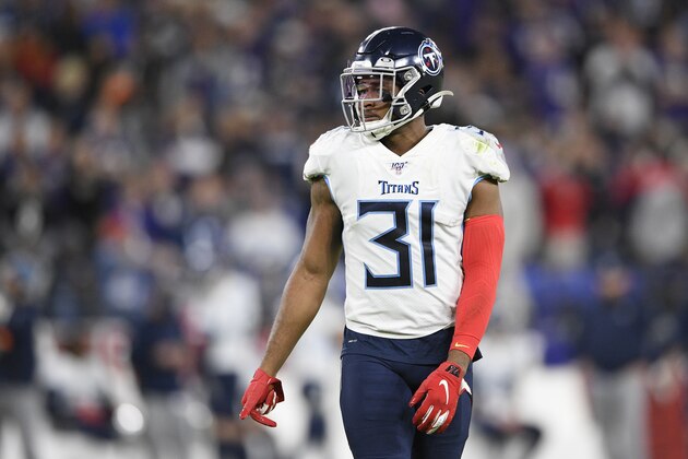 Tennessee Titans free safety Kevin Byard (31) stands on the field during the second half of an NFL divisional playoff football game against the Baltimore Ravens, Saturday, Jan. 11, 2020, in Baltimore. (AP Photo/Nick Wass)