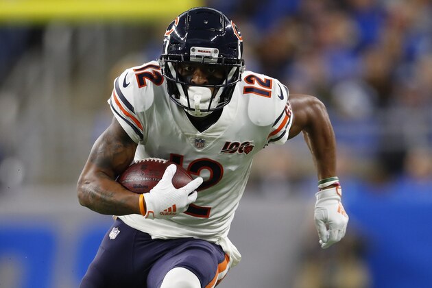 Chicago Bears wide receiver Allen Robinson rushes during the first half of an NFL football game against the Detroit Lions, Thursday, Nov. 28, 2019, in Detroit. (AP Photo/Paul Sancya)