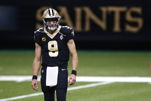 New Orleans Saints quarterback Drew Brees (9) warms up before an NFL football game against the Tampa Bay Buccaneers in New Orleans, Sunday, Sept. 13, 2020. (AP Photo/Butch Dill)