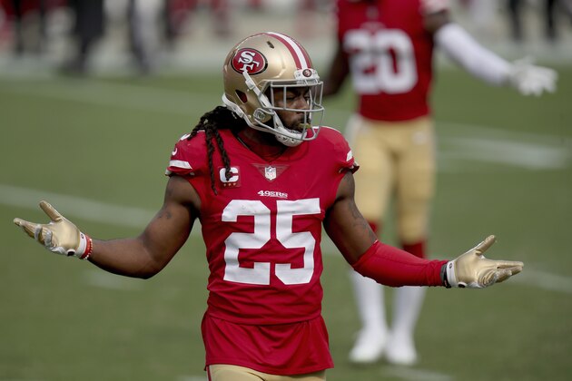 San Francisco 49ers' Richard Sherman (25) reacts during an NFL football game against the Arizona Cardinals on Sunday, Sept. 13, 2020, in Santa Clara, Calif. (AP Photo/Scot Tucker)