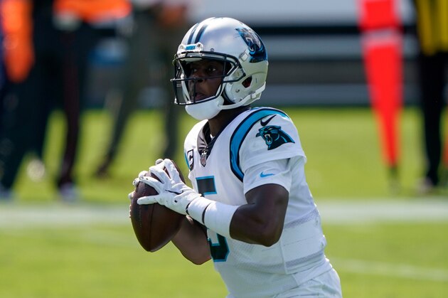 Carolina Panthers quarterback Teddy Bridgewater passes against the Las Vegas Raiders during the second half of an NFL football game Sunday, Sept. 13, 2020, in Charlotte, N.C. (AP Photo/Brian Blanco)