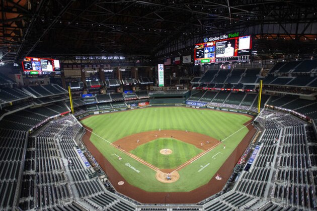 Globe Life Field is viewed during the fifth inning of a baseball game between the Texas Rangers and the Los Angeles Dodgers, Saturday, Aug. 29, 2020, in Arlington, Texas. (AP Photo/Jeffrey McWhorter)