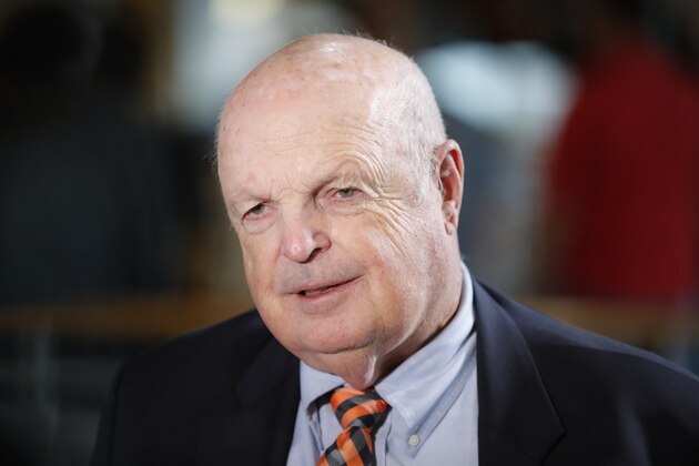 FILE - In this July 23, 2019, file photo, Mike Brown, owner of the Cincinnati Bengals NFL football team, speaks while being interviewed at Paul Brown Stadium during the team's media luncheon in Cincinnati. The 2020 NFL Draft is April 23-25. (AP Photo/John Minchillo, File)