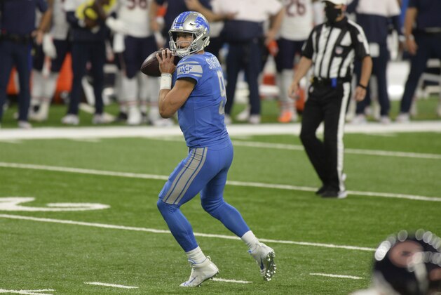Detroit Lions quarterback Matthew Stafford looks to pass against the Chicago Bears in the first half of an NFL football game in Detroit, Sunday, Sept. 13, 2020. (AP Photo/Jose Juarez) Detroit Lions quarterback Matthew Stafford looks to pass against the Chicago Bears in the first half of an NFL football game in Detroit, Sunday, Sept. 13, 2020. (AP Photo/Jose Juarez)
