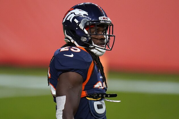 Denver Broncos running back Melvin Gordon (25) warms up prior to an NFL football game against the Tennessee Titans, Monday, Sept. 14, 2020, in Denver. (AP Photo/Jack Dempsey)