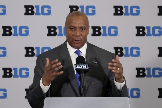 Minnesota Vikings chief operating officer Kevin Warren talks to reporters after being named Big Ten Conference Commissioner during a news conference Tuesday, June 4, 2019, in Rosemont, Ill. (AP Photo/Charles Rex Arbogast)