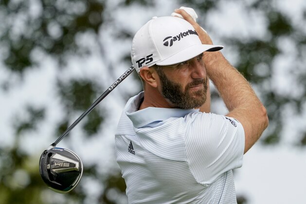 Dustin Johnson, of the United States, tees off the ninth hole during a practice round for the US Open Golf Championship, Wednesday, Sept. 16, 2020, in New York. (AP Photo/Charles Krupa)