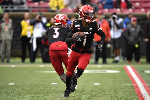 Louisville wide receiver Tutu Atwell (1) in action during the first half of an NCAA college football game in Louisville, Ky., Saturday, Oct. 26, 2019. (AP Photo/Timothy D. Easley)