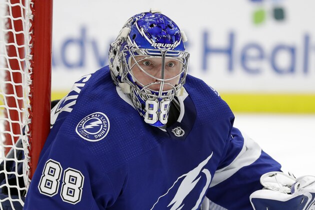 Tampa Bay Lightning goaltender Andrei Vasilevskiy (88) during the first period of an NHL hockey game against the Vancouver Canucks Tuesday, Jan. 7, 2020, in Tampa, Fla. (AP Photo/Chris O'Meara) Tampa Bay Lightning goaltender Andrei Vasilevskiy (88) during the first period of an NHL hockey game against the Vancouver Canucks Tuesday, Jan. 7, 2020, in Tampa, Fla. (AP Photo/Chris O'Meara)
