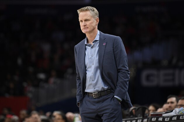 Golden State Warriors head coach Steve Kerr looks on during the first half of an NBA basketball game against the Washington Wizards, Monday, Feb. 3, 2020, in Washington. (AP Photo/Nick Wass)