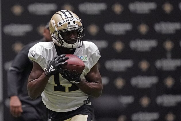 New Orleans Saints wide receiver Emmanuel Sanders (17) goes through drills during practice at their NFL football training facility in Metairie, La., Monday, Aug. 24, 2020. (AP Photo/Gerald Herbert, Pool)