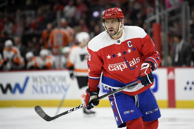 Washington Capitals left wing Alex Ovechkin (8), of Russia, stands on the ice during the first period of an NHL hockey game against the Philadelphia Flyers, Wednesday, March 4, 2020, in Washington. (AP Photo/Nick Wass)