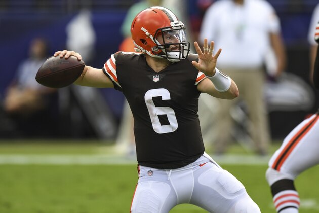 Cleveland Browns quarterback Baker Mayfield (6) looks to pass in the first half during an NFL football game against the Baltimore Ravens, Sunday, Sept. 13, 2020, in Baltimore. (AP Photo/Terrance Williams)