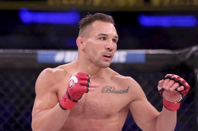 Michael Chandler in action against Brent Primus during their mixed martial arts bout for the lightweight title at Bellator 180 on Saturday, June 24, 2017, in New York. Primus won the title via first round doctor stoppage. (AP Photo/Gregory Payan)