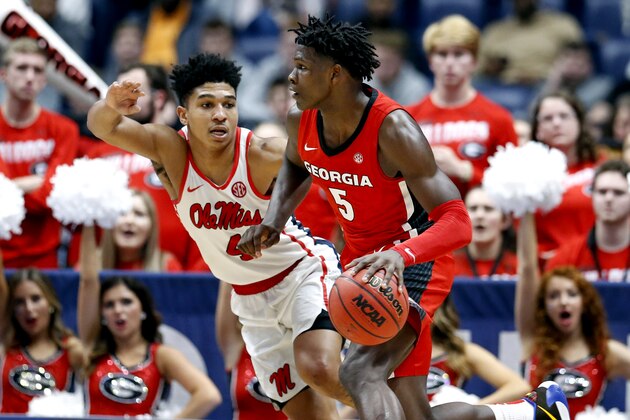 FILE - In this March 11, 2020, file photo, Georgia guard Anthony Edwards (5) drives against Mississippi's Breein Tyree (4) in the second half of an NCAA college basketball game in the Southeastern Conference Tournament in Nashville, Tenn. Edwards is expected to be a contender for the No. 1 draft pick in the NBA draft lottery Thursday, Aug. 20, 2020. (AP Photo/Mark Humphrey, File)