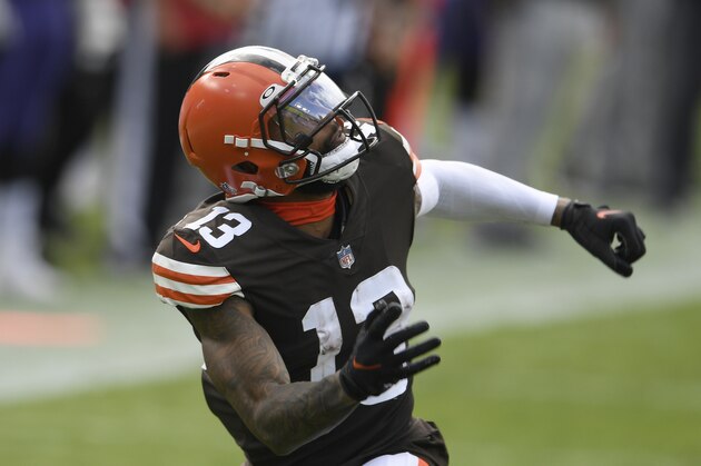 Cleveland Browns wide receiver Odell Beckham Jr. (13) looks for the pass during an NFL football game against the Baltimore Ravens, Sunday, Sept. 13, 2020, in Baltimore. (AP Photo/Nick Wass)