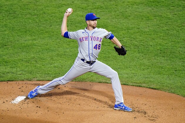 New York Mets' Jacob deGrom pitches during the first inning of a baseball game against the Philadelphia Phillies, Wednesday, Sept. 16, 2020, in Philadelphia. (AP Photo/Matt Slocum)