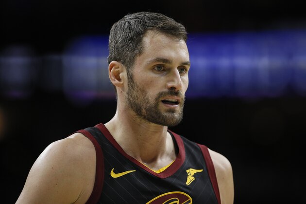 Cleveland Cavaliers' Kevin Love plays during an NBA basketball game against the Philadelphia 76ers, Saturday, Dec. 7, 2019, in Philadelphia. (AP Photo/Matt Slocum)
