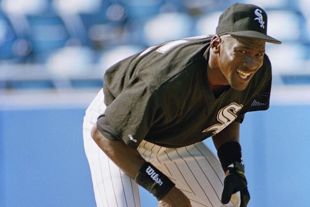 Michael Jordan, formerly of the Chicago Bulls basketball team, runs the bases during his first day of spring training with the Chicago White Sox, in Sarasota, Feb. 15, 1994. (AP Photo/John Swart)