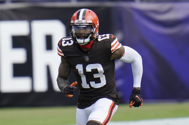 Cleveland Browns wide receiver Odell Beckham Jr. (13) runs on the field, during the second half of an NFL football game against the Baltimore Ravens, Sunday, Sept. 13, 2020, in Baltimore, MD. (AP Photo/Julio Cortez)
