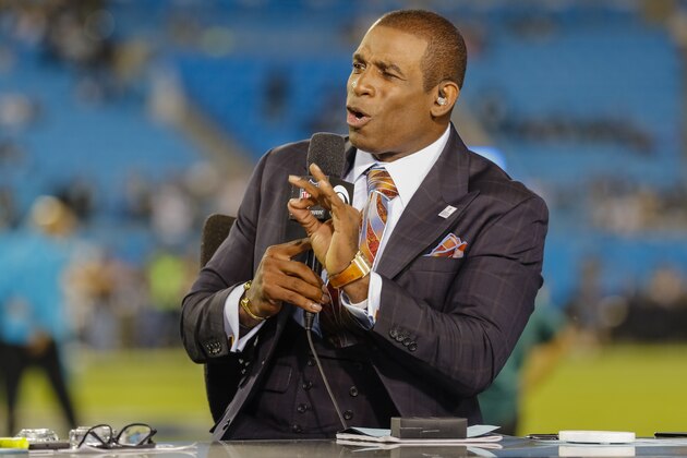 Thursday Night Football analyst Deion Sanders gives his take before an NFL football game between the Philadelphia Eagles and Carolina Panthers in Charlotte, N.C., Thursday, Oct. 12, 2017. The Eagles won 28-23. (AP Photo/Bob Leverone)
