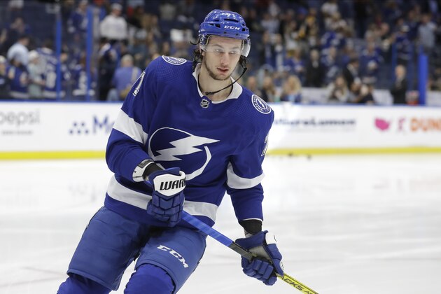 Tampa Bay Lightning center Anthony Cirelli (71) before an NHL hockey game against the Boston Bruins Tuesday, March 3, 2020, in Tampa, Fla. (AP Photo/Chris O'Meara)