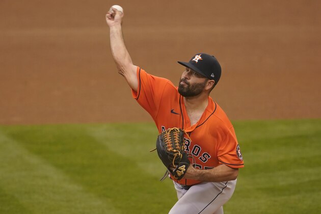 Houston Astros' Jose Urquidy pitches against the Oakland Athletics during the fourth inning of a baseball game in Oakland, Calif., Thursday, Sept. 10, 2020. (AP Photo/Jeff Chiu)