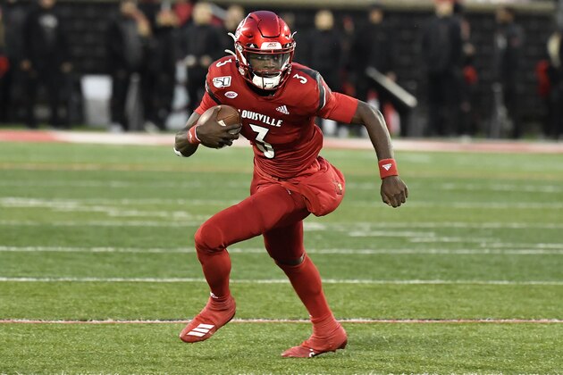 Louisville quarterback Micale Cunningham (3) in action during the first half of an NCAA college football game in Louisville, Ky., Saturday, Nov. 23, 2019. (AP Photo/Timothy D. Easley)