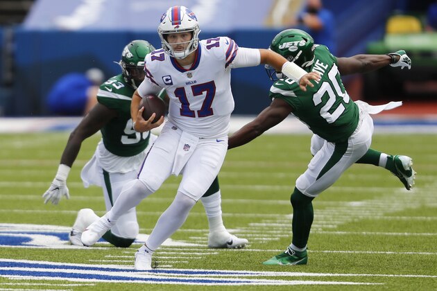 Buffalo Bills quarterback Josh Allen (17) scrambles during the first half of an NFL football game against the New York Jets in Orchard Park, N.Y., Sunday, Sept. 13, 2020. (AP Photo/Jeffrey T. Barnes)