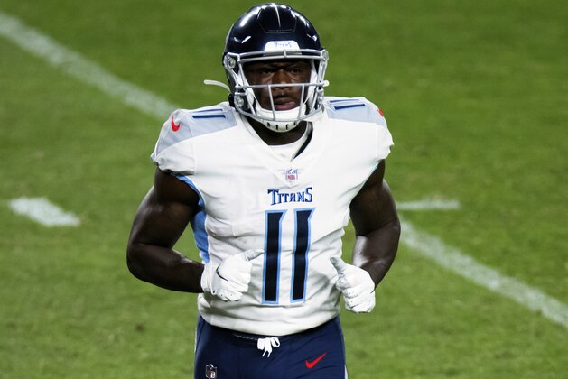 Tennessee Titans wide receiver A.J. Brown (11) runs on the field against the Denver Broncos during the second half of an NFL football game, Monday, Sept. 14, 2020, in Denver. (AP Photo/Justin Edmonds)