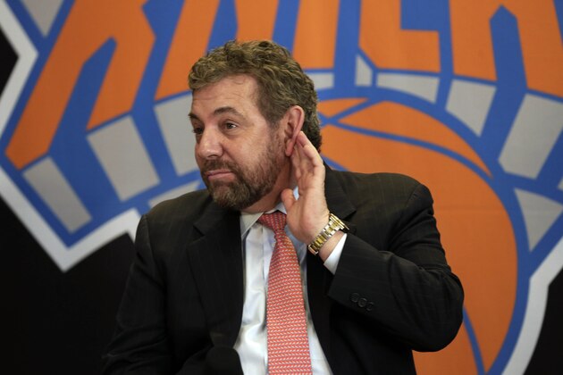 New York Knicks owner James Dolan listens to a question during a news conference for  new team president Phil Jackson, at New York's Madison Square Garden, Tuesday, March 18, 2014. (AP Photo/Richard Drew)