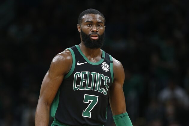 Boston Celtics' Jaylen Brown during the first quarter of an NBA basketball game against the New Orleans Pelicans Saturday, Jan. 11, 2020, in Boston. (AP Photo/Winslow Townson) Boston Celtics' Jaylen Brown during the first quarter of an NBA basketball game against the New Orleans Pelicans Saturday, Jan. 11, 2020, in Boston. (AP Photo/Winslow Townson)