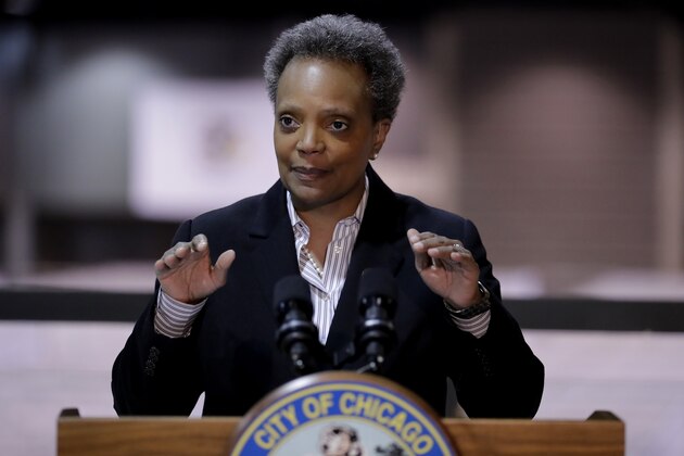 File-In this April 10, 2020 file photo Chicago Mayor Lori Lightfoot speaks during a news conference in Hall A at the COVID-19 alternate site at McCormick Place in Chicago. Lightfoot says President Donald Trump was aiming to